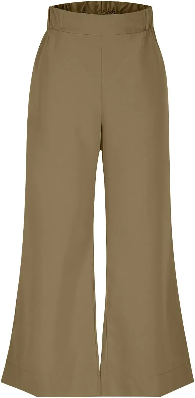 Women's Wide Leg Pants with Pockets High Waist Casual Linen Pants Plus Size Summer Comfy Pull on Straight Leg Trousers