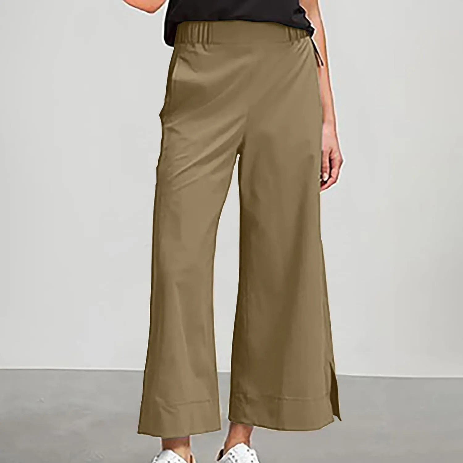 Women's Wide Leg Pants with Pockets High Waist Casual Linen Pants Plus Size Summer Comfy Pull on Straight Leg Trousers