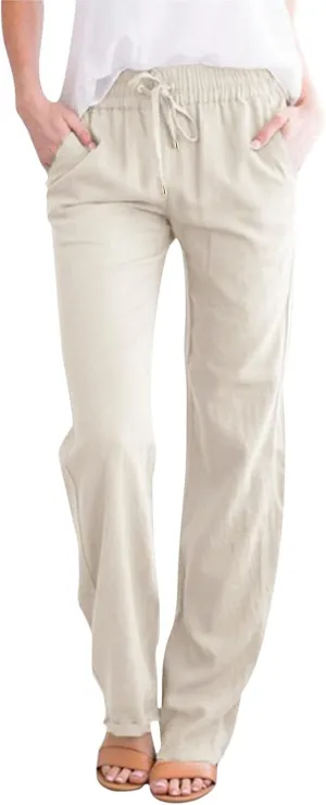 Womens Wide Leg Trousers Yoga Pants for Women Linen Flowy Beach Pants Casual Dressy Cotton Drawstring Pants Summer Outfits