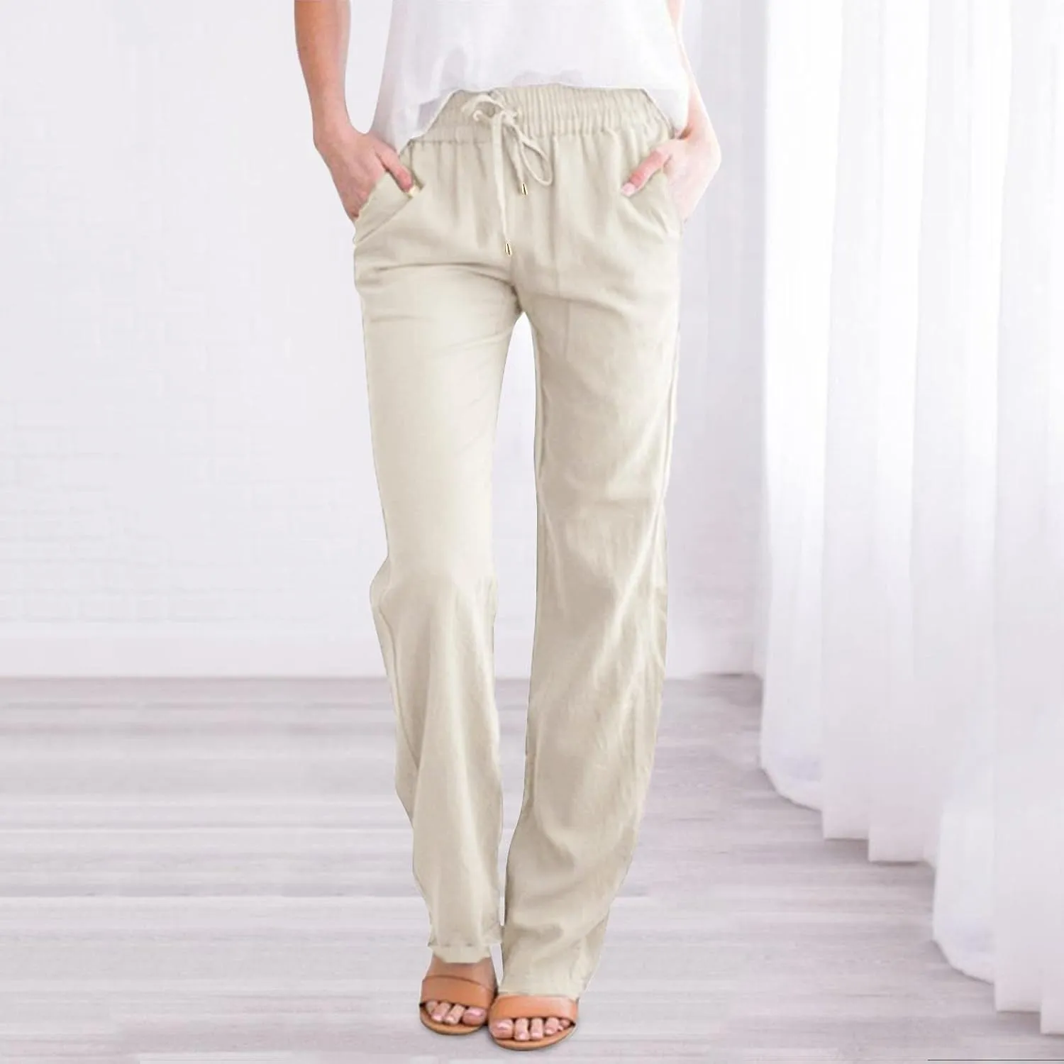 Womens Wide Leg Trousers Yoga Pants for Women Linen Flowy Beach Pants Casual Dressy Cotton Drawstring Pants Summer Outfits