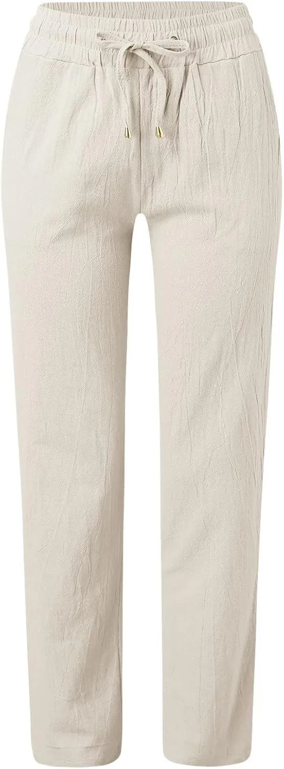 Womens Wide Leg Trousers Yoga Pants for Women Linen Flowy Beach Pants Casual Dressy Cotton Drawstring Pants Summer Outfits
