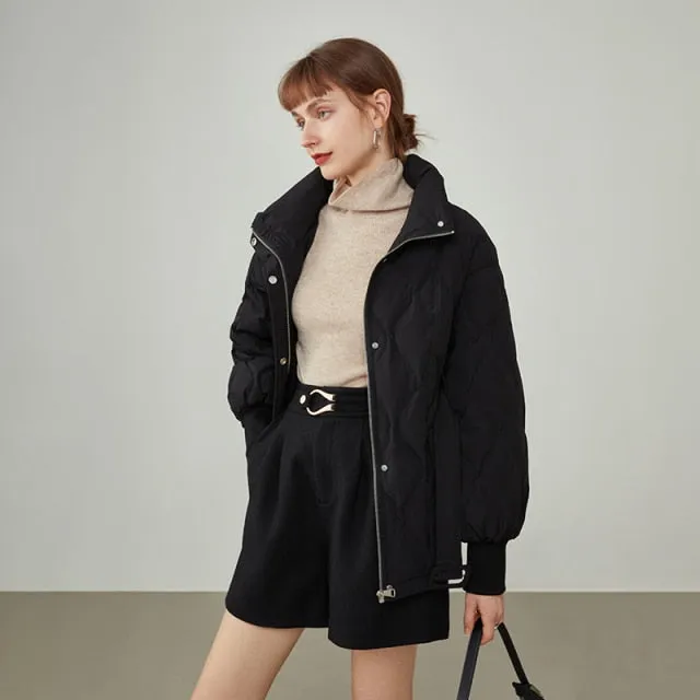 Women's Winter Black Fashion Baseball Collar Mid-length Down Jackets Short Lantern Sleeve Down Jacket Oversized Coats