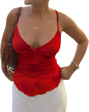 Women's Y2k Floral Cami Tops Sexy V Neck Wrap Irregular Hem Sleeveless Spaghetti Strap Tank Top