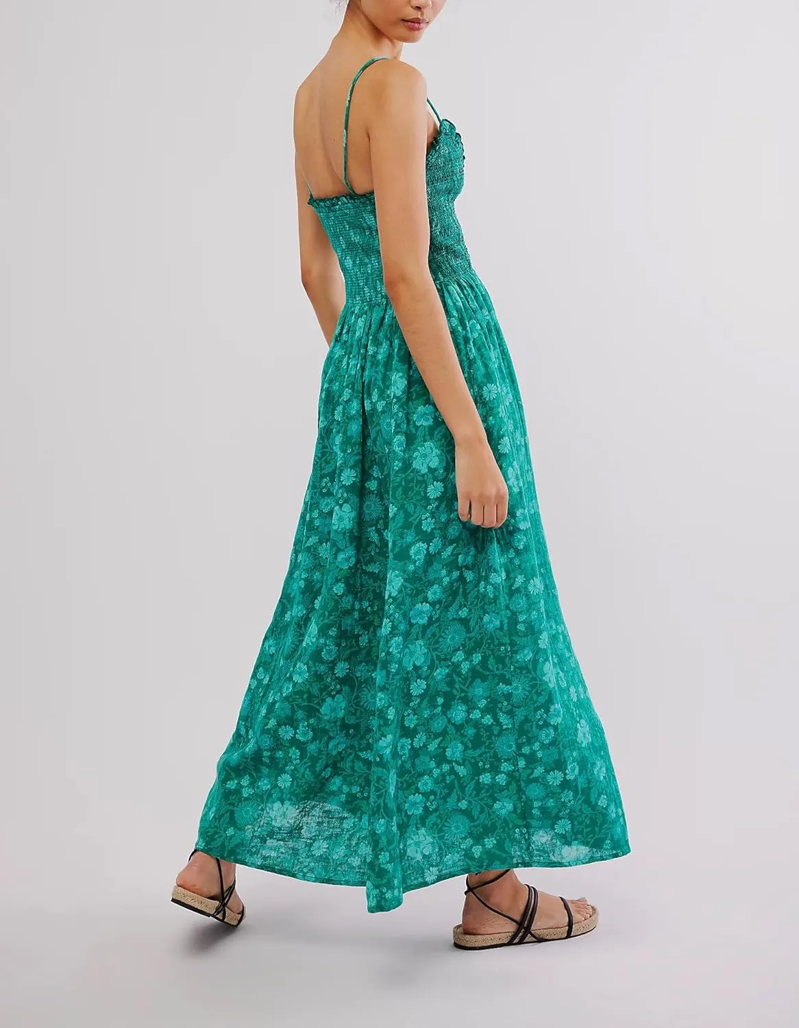 Womens Y2k Spaghetti Strap Dress Boho Floral Smocked Backless Maxi Dress Casual Summer Vacation Long Flowy Sundress