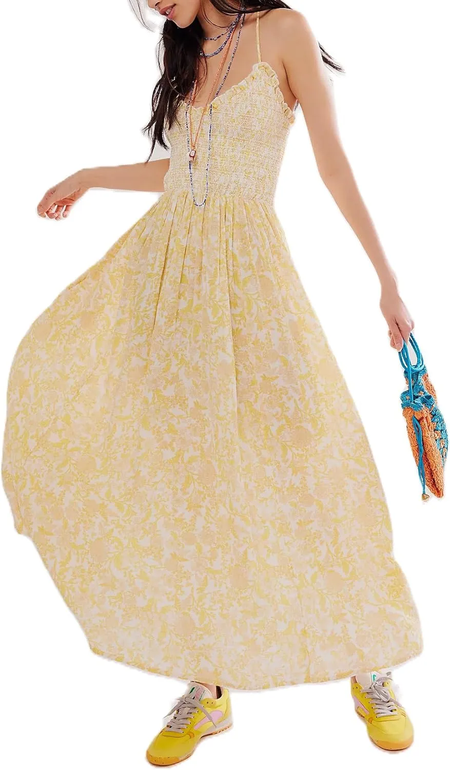 Womens Y2k Spaghetti Strap Dress Boho Floral Smocked Backless Maxi Dress Casual Summer Vacation Long Flowy Sundress