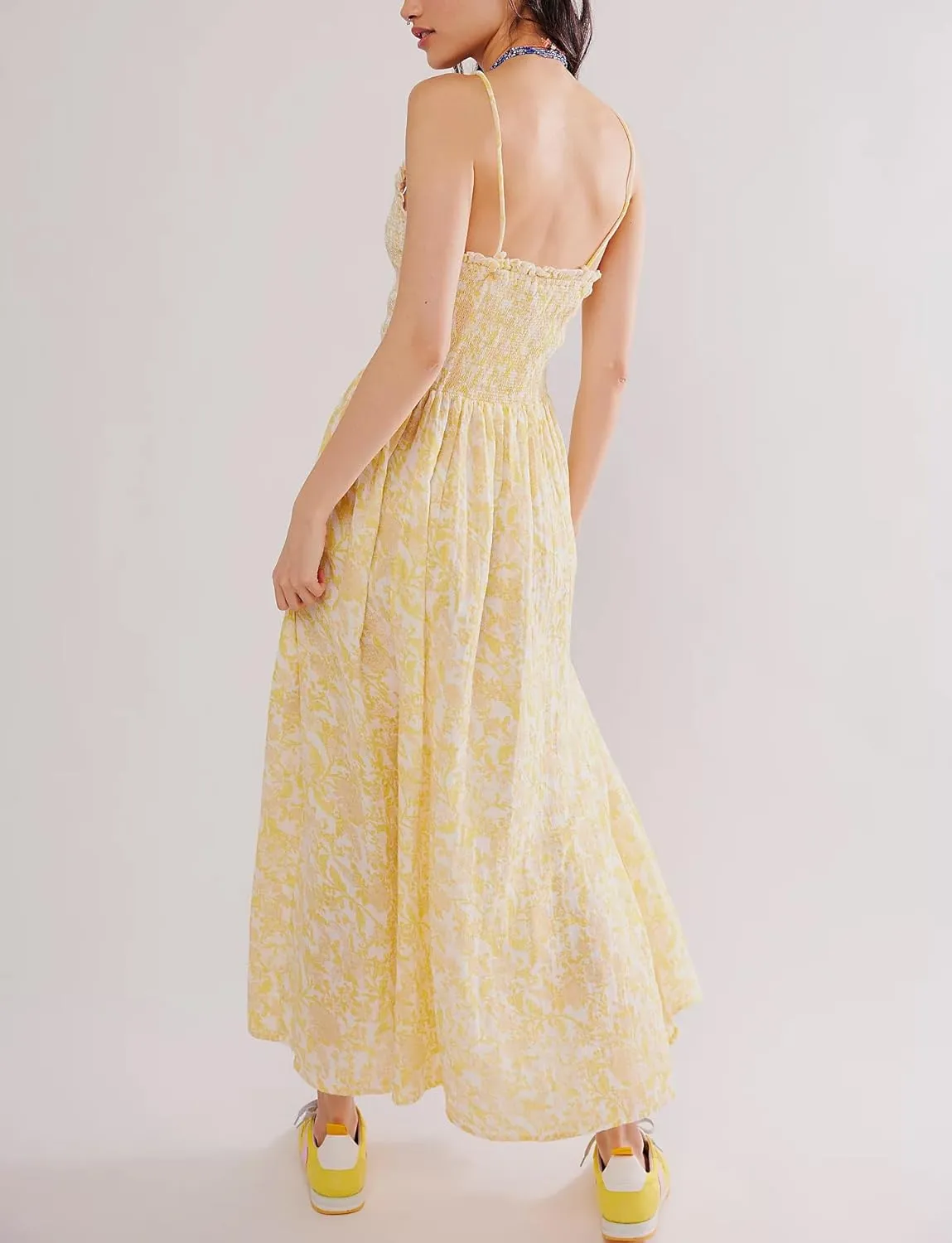 Womens Y2k Spaghetti Strap Dress Boho Floral Smocked Backless Maxi Dress Casual Summer Vacation Long Flowy Sundress