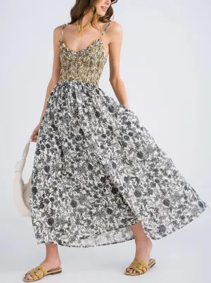 Womens Y2k Spaghetti Strap Dress Boho Floral Smocked Backless Maxi Dress Casual Summer Vacation Long Flowy Sundress