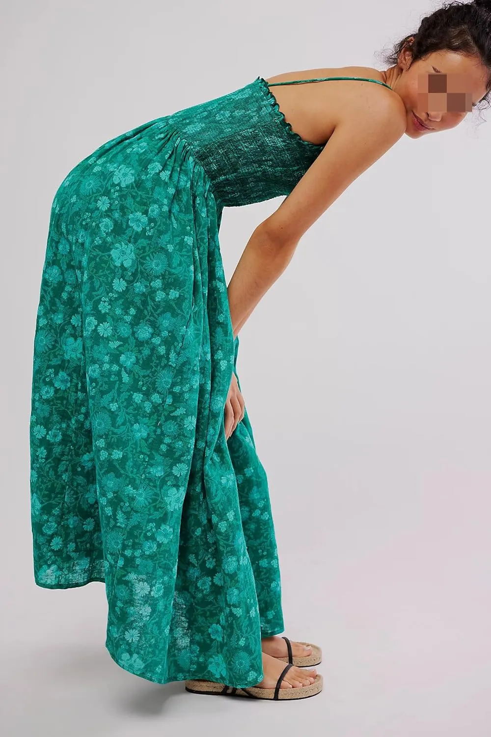 Womens Y2k Spaghetti Strap Dress Boho Floral Smocked Backless Maxi Dress Casual Summer Vacation Long Flowy Sundress