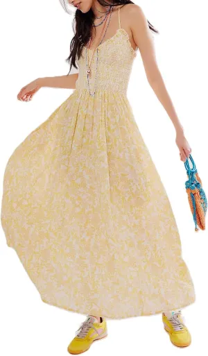 Womens Y2k Spaghetti Strap Dress Boho Floral Smocked Backless Maxi Dress Casual Summer Vacation Long Flowy Sundress