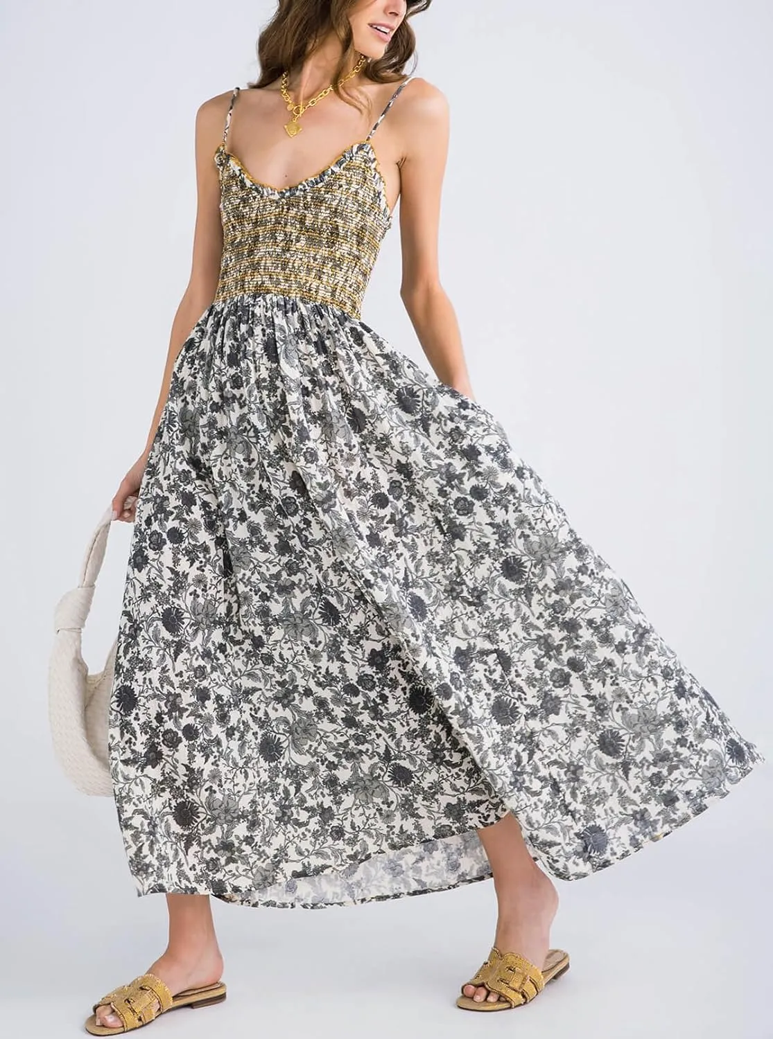 Womens Y2k Spaghetti Strap Dress Boho Floral Smocked Backless Maxi Dress Casual Summer Vacation Long Flowy Sundress