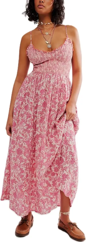 Womens Y2k Spaghetti Strap Dress Boho Floral Smocked Backless Maxi Dress Casual Summer Vacation Long Flowy Sundress