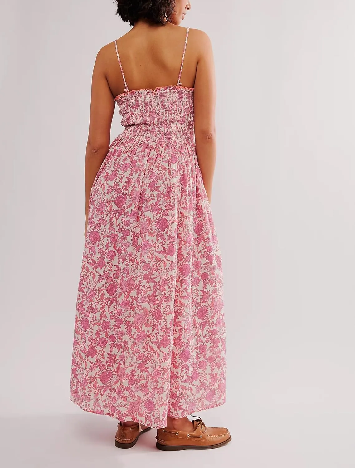 Womens Y2k Spaghetti Strap Dress Boho Floral Smocked Backless Maxi Dress Casual Summer Vacation Long Flowy Sundress