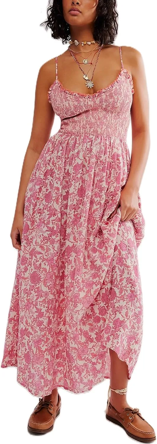 Womens Y2k Spaghetti Strap Dress Boho Floral Smocked Backless Maxi Dress Casual Summer Vacation Long Flowy Sundress