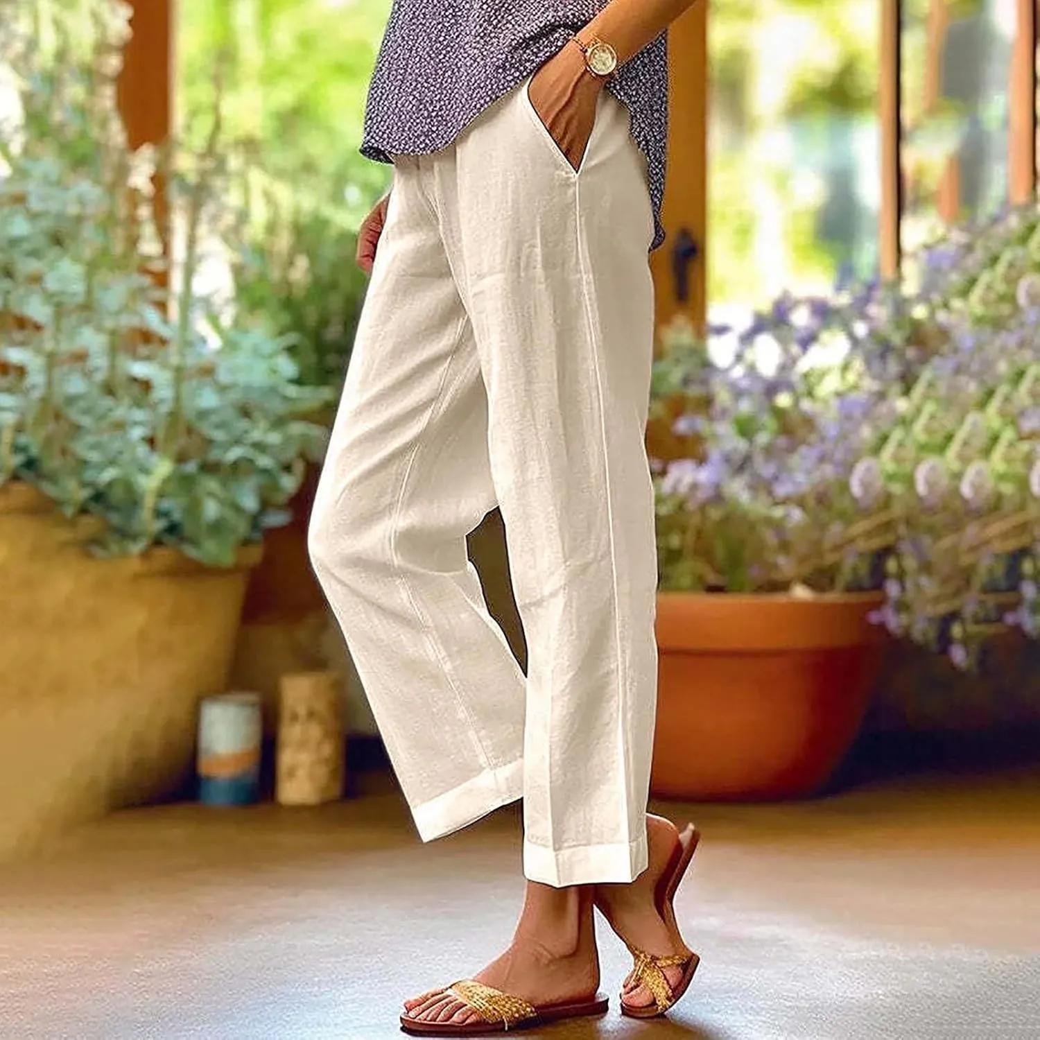 Women'sLounge Pants Women Solid Straight Solid Elastic Pants Long Drawstring Linen Women Lightweight Tapered Lounge