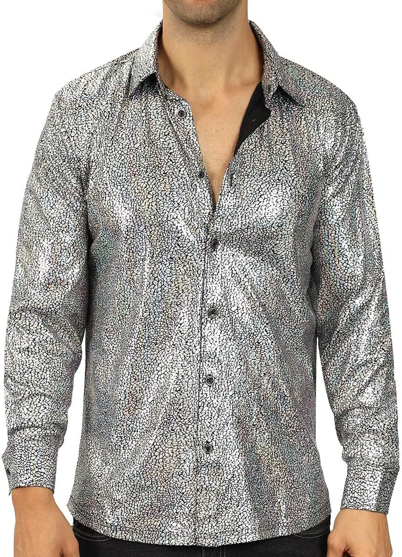 WULFUL Men Dress Shirt Sequins Long Sleeve Button Down Shirt Luxury Disco Party Nightclub Christmas Prom Costume