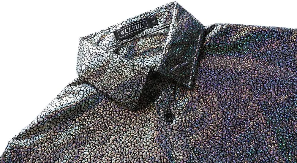 WULFUL Men Dress Shirt Sequins Long Sleeve Button Down Shirt Luxury Disco Party Nightclub Christmas Prom Costume