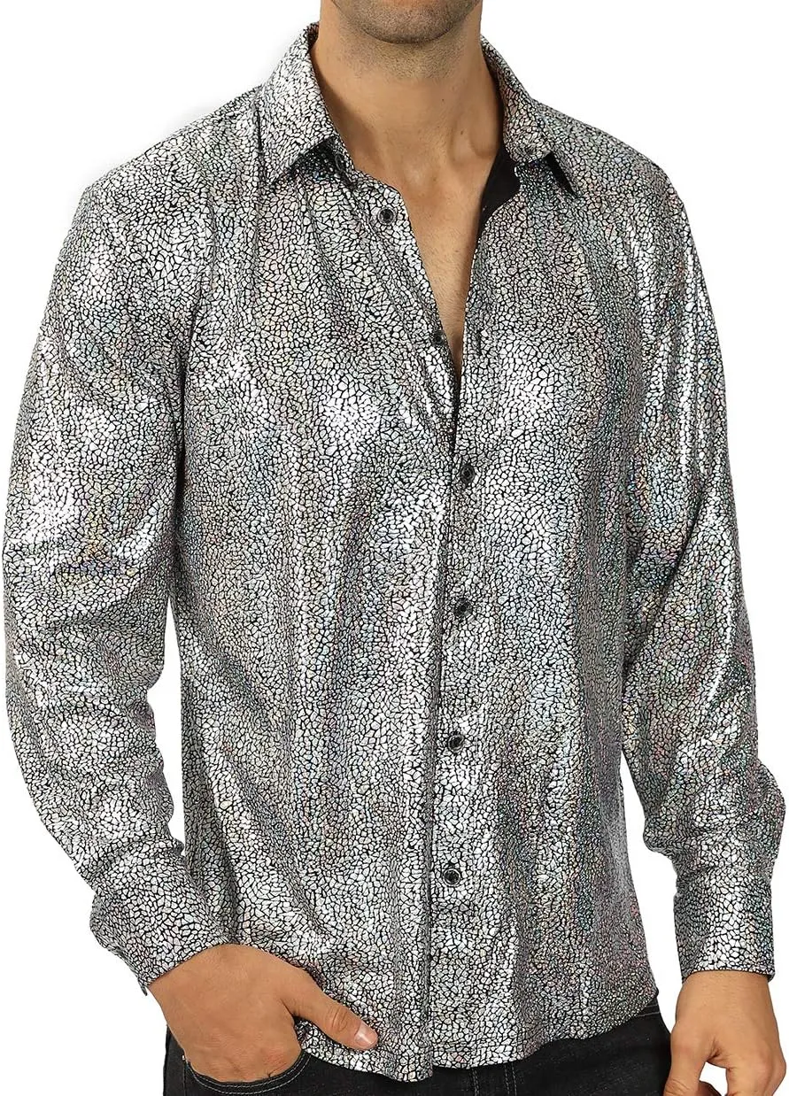 WULFUL Men Dress Shirt Sequins Long Sleeve Button Down Shirt Luxury Disco Party Nightclub Christmas Prom Costume
