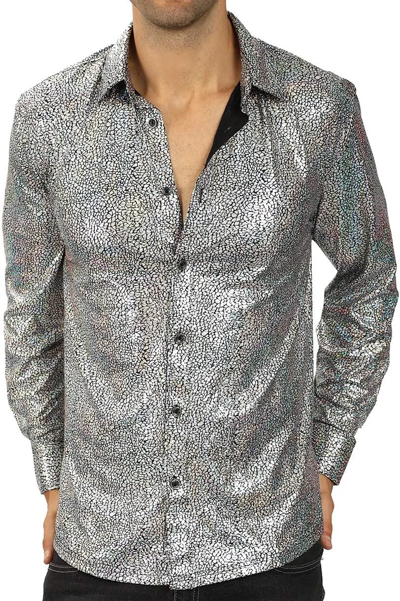 WULFUL Men Dress Shirt Sequins Long Sleeve Button Down Shirt Luxury Disco Party Nightclub Christmas Prom Costume