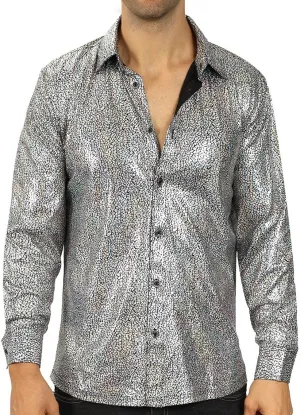 WULFUL Men Dress Shirt Sequins Long Sleeve Button Down Shirt Luxury Disco Party Nightclub Christmas Prom Costume