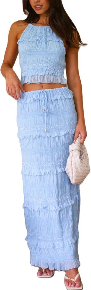 Y2k Maxi Skirt Sets 2 Piece Outfit for Women Flowy Ruched Ruffle Long Skirts and Backless Halter Tank Top Beach Set