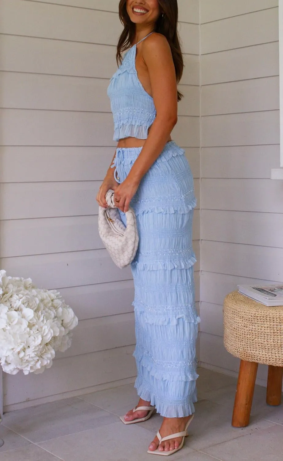Y2k Maxi Skirt Sets 2 Piece Outfit for Women Flowy Ruched Ruffle Long Skirts and Backless Halter Tank Top Beach Set