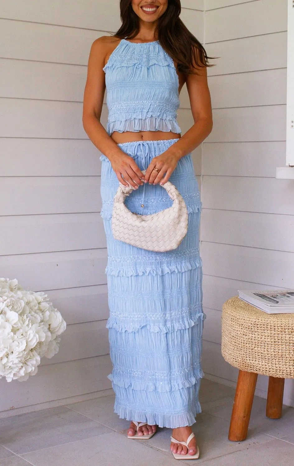 Y2k Maxi Skirt Sets 2 Piece Outfit for Women Flowy Ruched Ruffle Long Skirts and Backless Halter Tank Top Beach Set