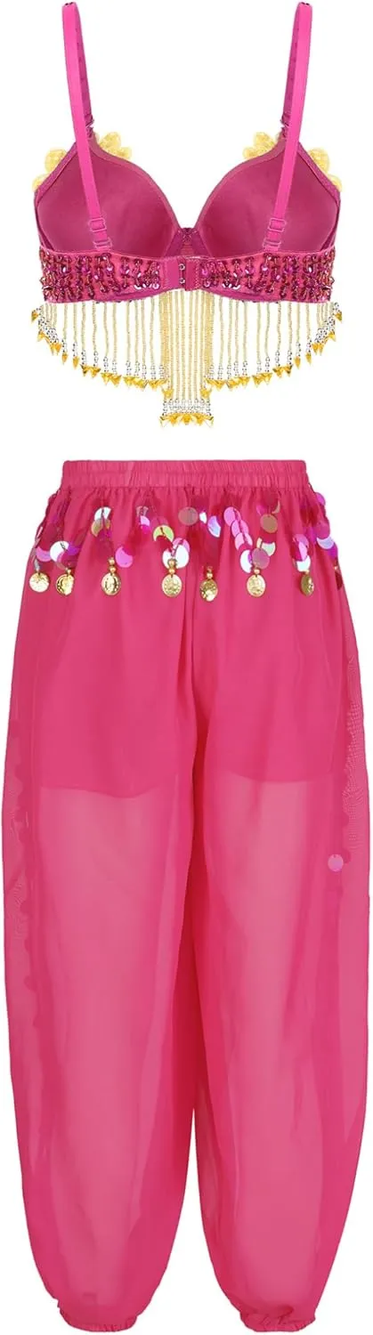 YEAHDOR Womens Belly Dance Outfit Sparkly Sequins Beaded Tassels Bra Tops with Side Split Bloomers Pants