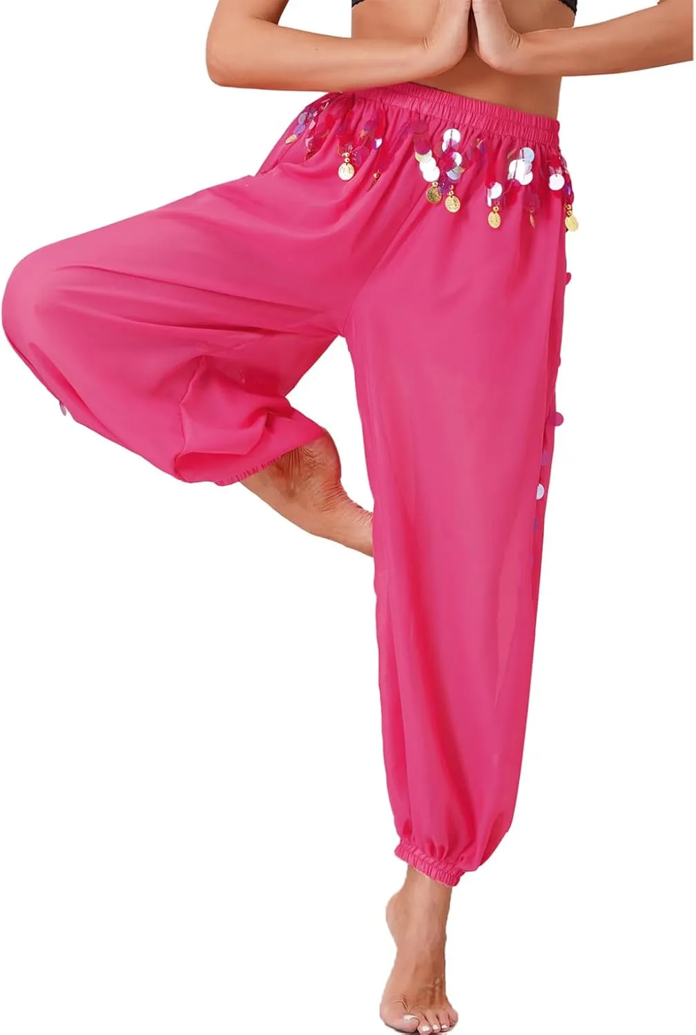 YEAHDOR Womens Belly Dance Outfit Sparkly Sequins Beaded Tassels Bra Tops with Side Split Bloomers Pants