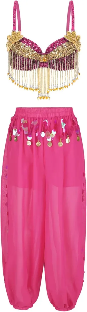 YEAHDOR Womens Belly Dance Outfit Sparkly Sequins Beaded Tassels Bra Tops with Side Split Bloomers Pants