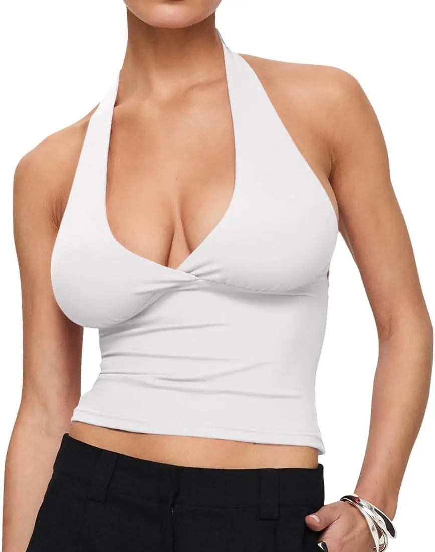 YFANG Women's Sexy Halter Tie Back Deep V Neck Sleeveless Slim Fitted Going Out Crop Tank Top