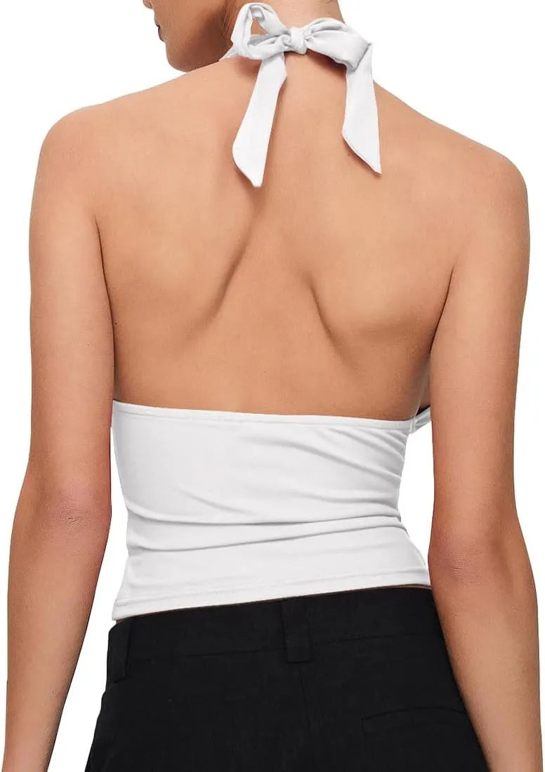 YFANG Women's Sexy Halter Tie Back Deep V Neck Sleeveless Slim Fitted Going Out Crop Tank Top