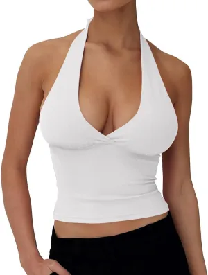YFANG Women's Sexy Halter Tie Back Deep V Neck Sleeveless Slim Fitted Going Out Crop Tank Top