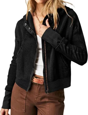 Yimoon Women's Waffle Knit Jacket Oversized Zip Up Hoodies Casual Long Sleeve Shacket Tops with Pocket
