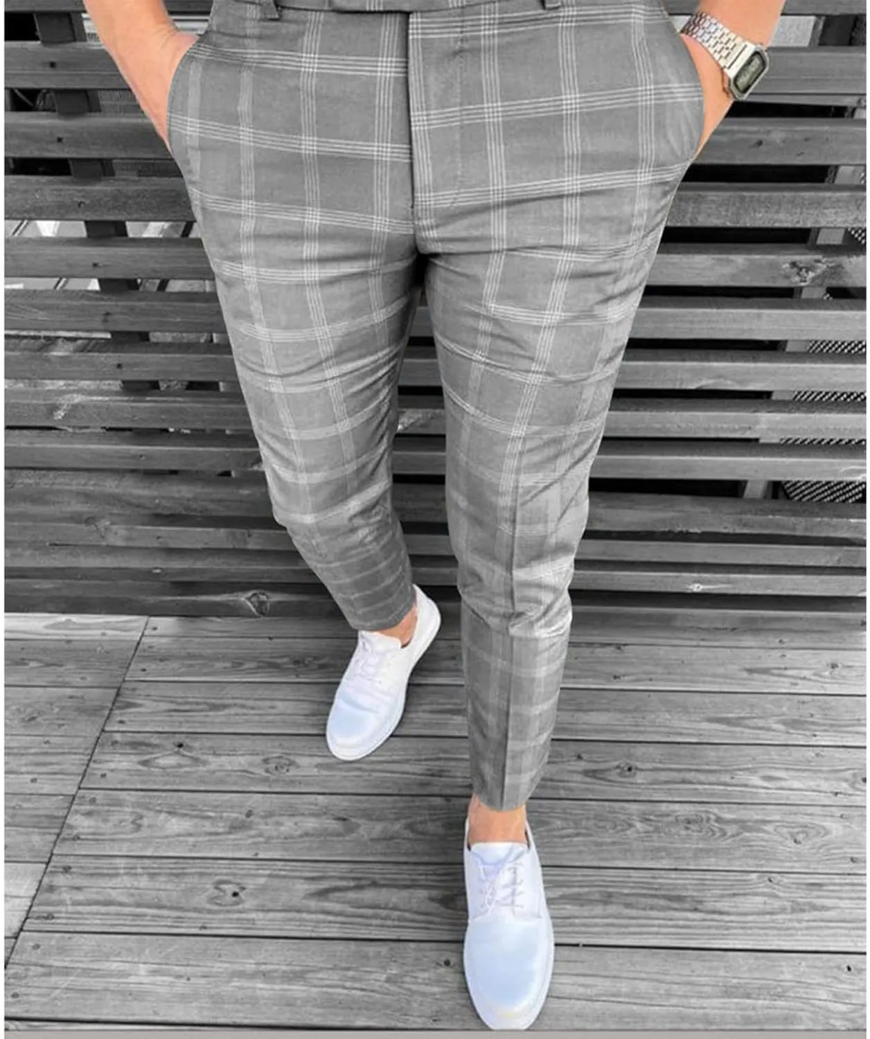 Ymosrh Men's Chino Pants Regular Dress Pants Slim Fit Plaid Pants Business Suit Casual Golf Mens Exercise XXL