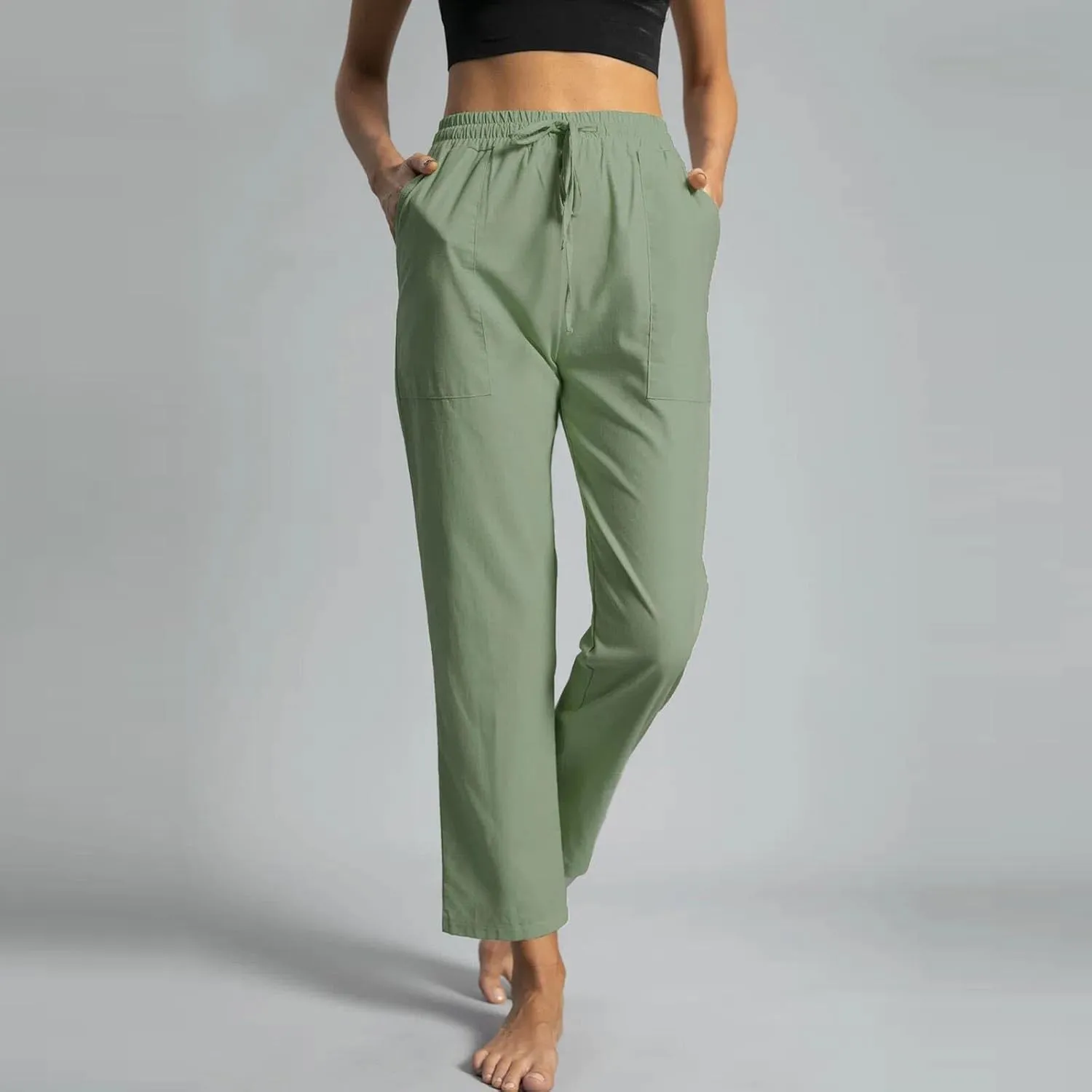 YOLAI Womens Casual Straight Leg Pants Drawstring Elastic High Waist Trousers Comfy Lightweight Trousers with Pockets (Green, S)