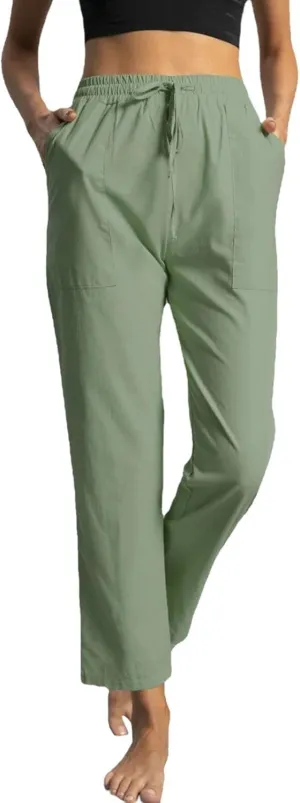 YOLAI Womens Casual Straight Leg Pants Drawstring Elastic High Waist Trousers Comfy Lightweight Trousers with Pockets (Green, S)