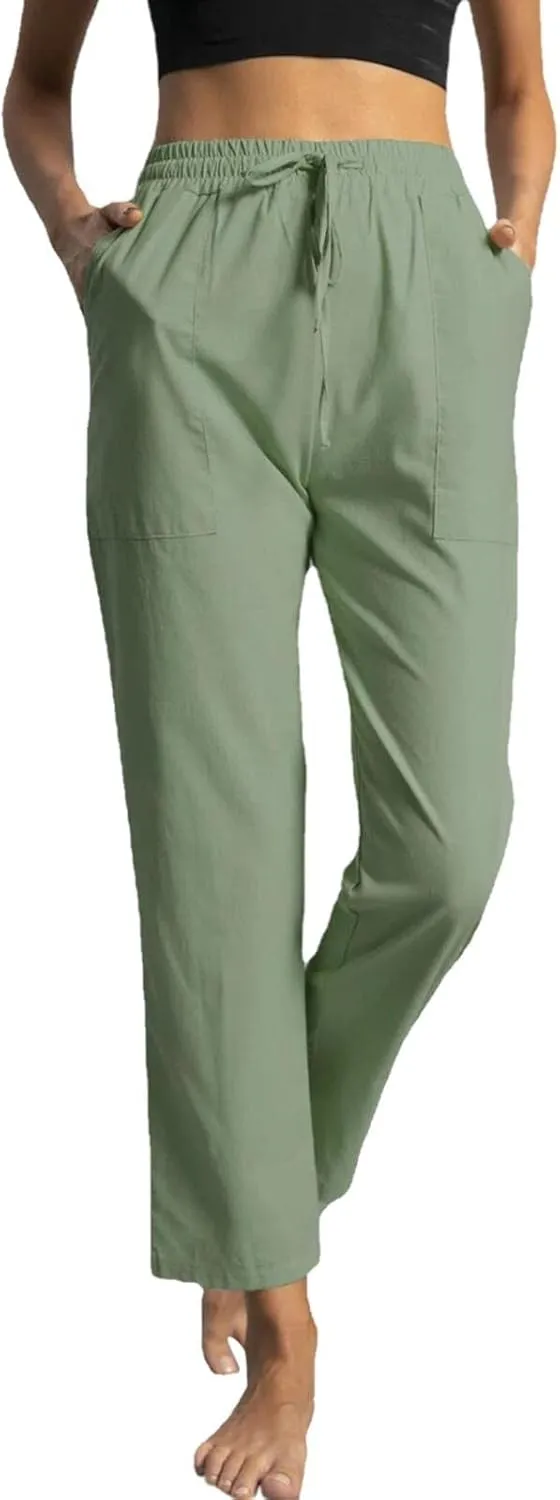 YOLAI Womens Casual Straight Leg Pants Drawstring Elastic High Waist Trousers Comfy Lightweight Trousers with Pockets (Green, S)