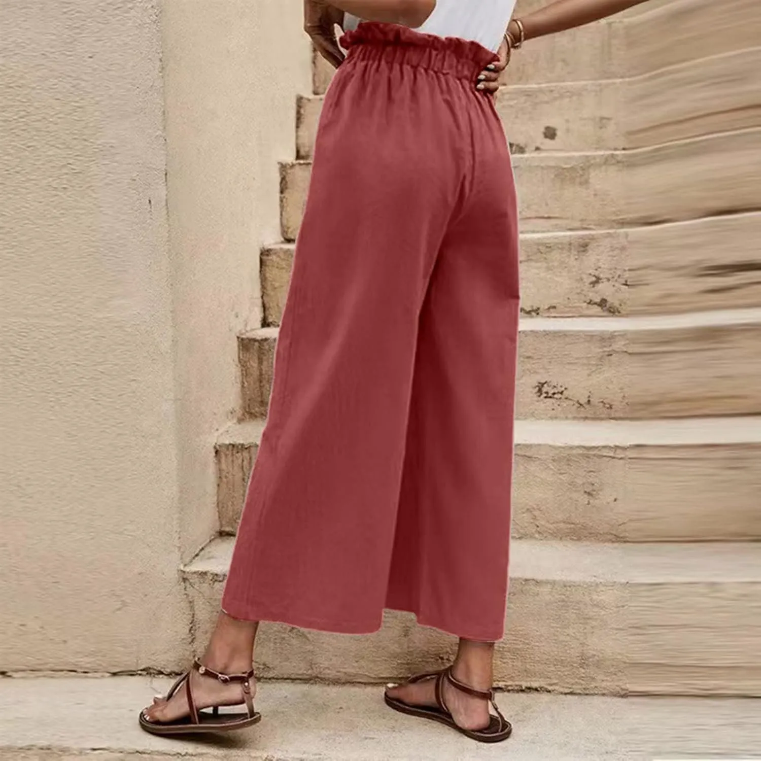 YOLAI Womens Cotton Linen Casual Pant High Waist Ruffle Loose Fit Casual Trousers Summer Lightweight Wide Leg Trousers