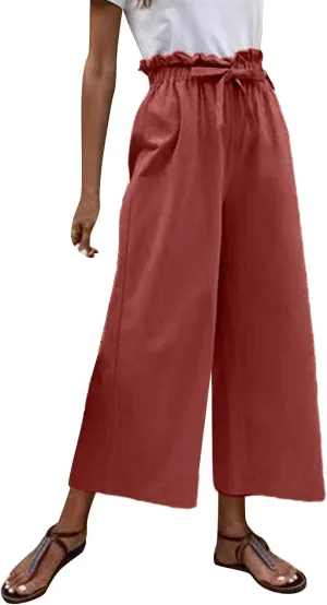 YOLAI Womens Cotton Linen Casual Pant High Waist Ruffle Loose Fit Casual Trousers Summer Lightweight Wide Leg Trousers