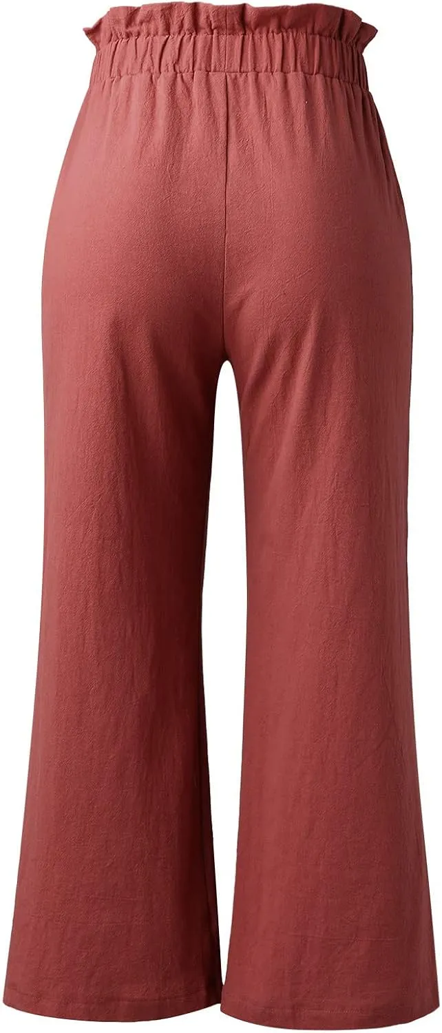 YOLAI Womens Cotton Linen Casual Pant High Waist Ruffle Loose Fit Casual Trousers Summer Lightweight Wide Leg Trousers