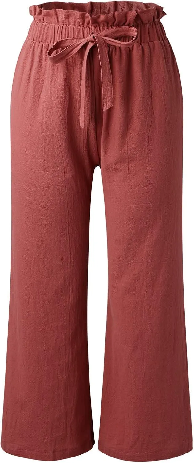 YOLAI Womens Cotton Linen Casual Pant High Waist Ruffle Loose Fit Casual Trousers Summer Lightweight Wide Leg Trousers