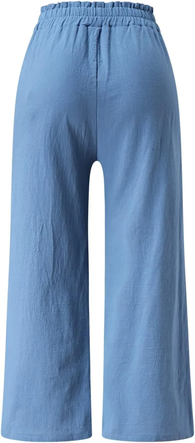 YOLAI Women's Solid Cotton Linen Casual Pants Solid Color Wide Leg Trouser High Waist Business Work Trousers