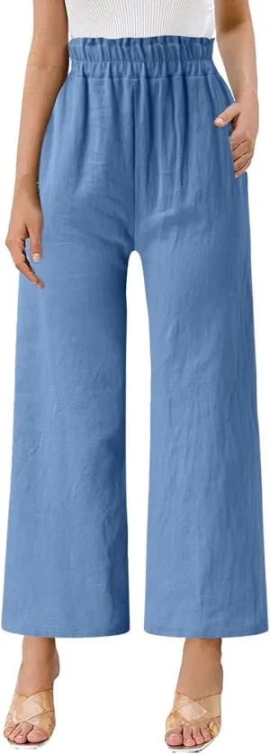 YOLAI Women's Solid Cotton Linen Casual Pants Solid Color Wide Leg Trouser High Waist Business Work Trousers