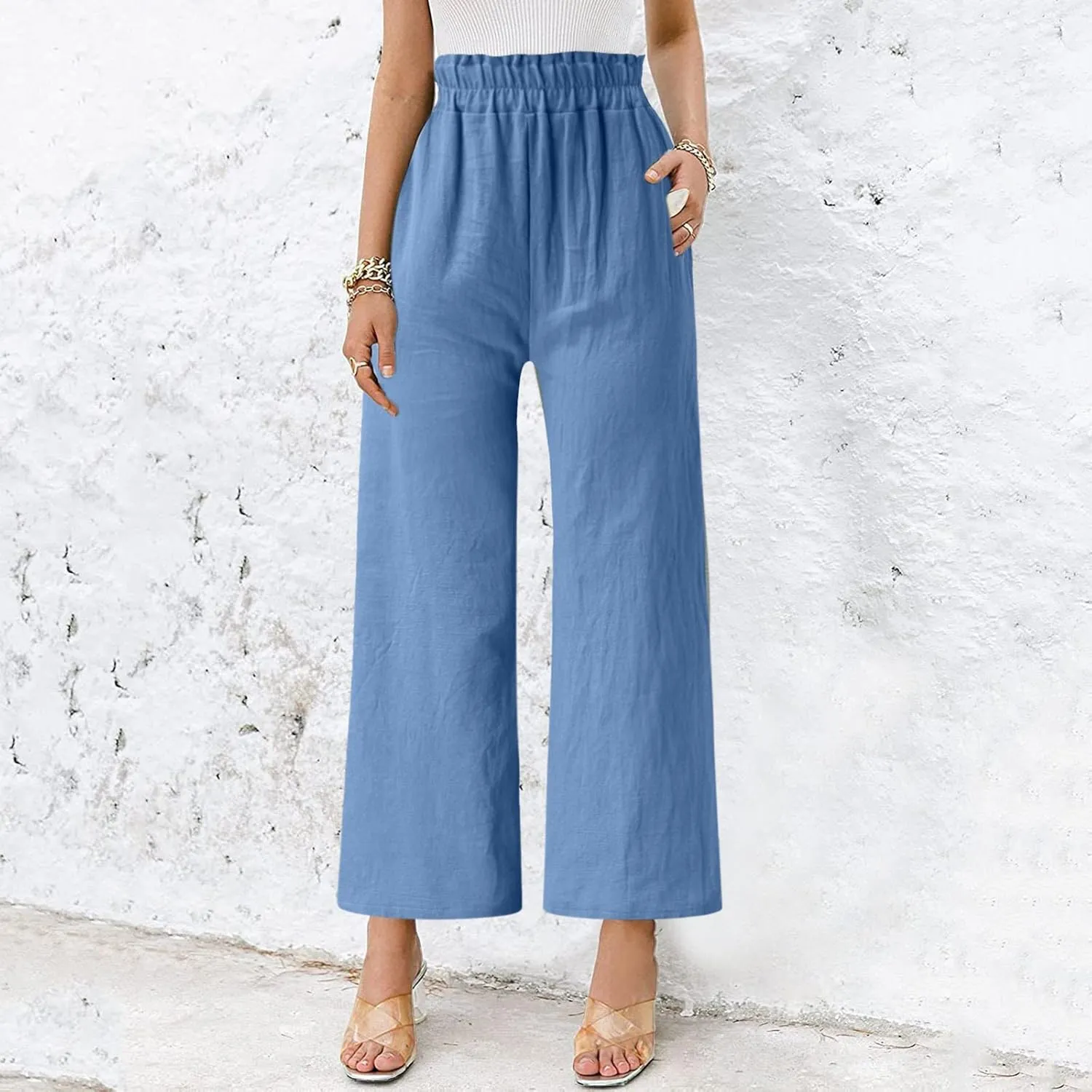 YOLAI Women's Solid Cotton Linen Casual Pants Solid Color Wide Leg Trouser High Waist Business Work Trousers