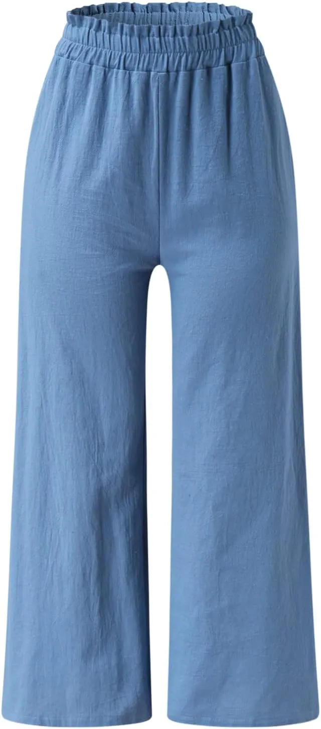 YOLAI Women's Solid Cotton Linen Casual Pants Solid Color Wide Leg Trouser High Waist Business Work Trousers