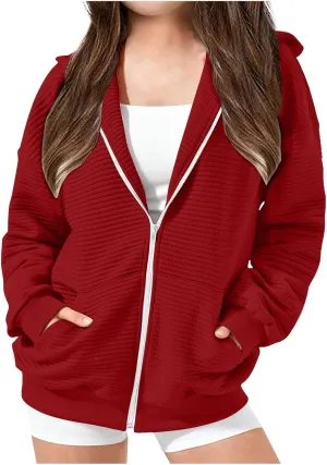 ZDRZK Girls Oversized Sweatshirt Long Sleeve Full Zip Casual Hooded Sweatshirts Fashion Teen Girl Y2K Jacket with Pockets