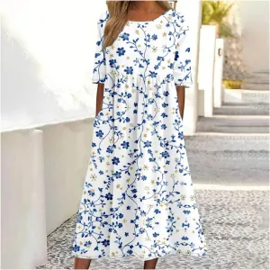 ZOCAVIA Women's Boho Floral Maxi Dress Crew Neck Short Sleeve A Line Dress Plus Size Flowy Summer Long Dress with Pockets