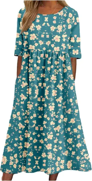 ZOCAVIA Women's Boho Floral Maxi Dress Crew Neck Short Sleeve A Line Dress Plus Size Flowy Summer Long Dress with Pockets