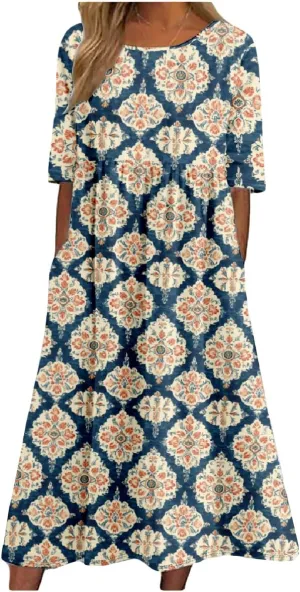 ZOCAVIA Women's Boho Floral Maxi Dress Crew Neck Short Sleeve A Line Dress Plus Size Flowy Summer Long Dress with Pockets