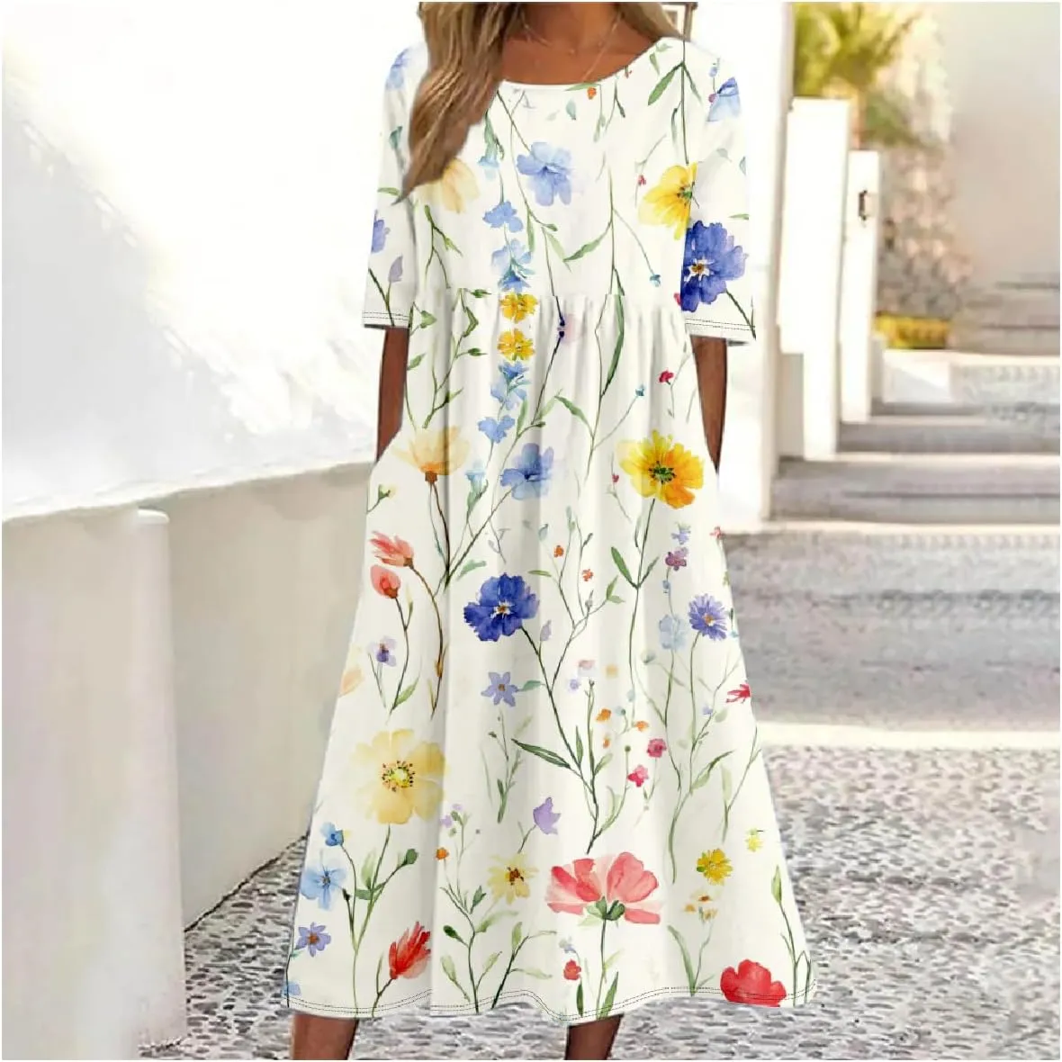 ZOCAVIA Women's Boho Floral Maxi Dress Crew Neck Short Sleeve A Line Dress Plus Size Flowy Summer Long Dress with Pockets